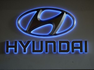 BRUSSELS, BELGIUM - JANUARY 22: The Hyundai corporate logo is seen at the International Car Show (salon des voitures) at Heysel, on January 22, 2008 in Brussels, Belgium. (Photo by Mark Renders/Getty Images)
